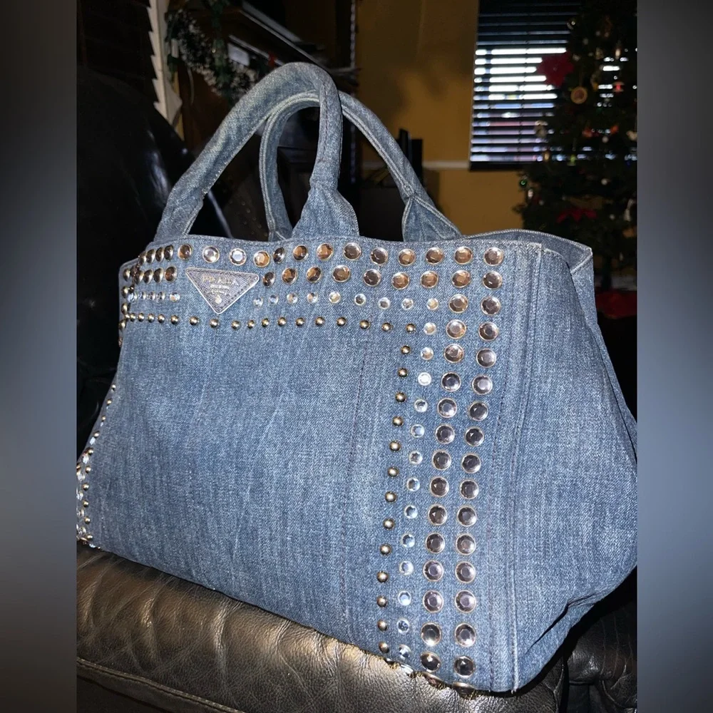 Prada Denim Blue Studded Tote Bag - Picture 3 of 16